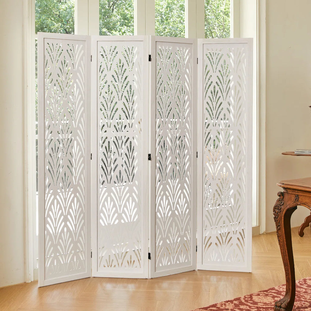 Urbane Crafts 4-Panel Carved Leaf Wood Room Divider, 67" H Freestanding Folding Privacy Screen, Off-White Wooden Wall Partition for Home Office & Bedroom