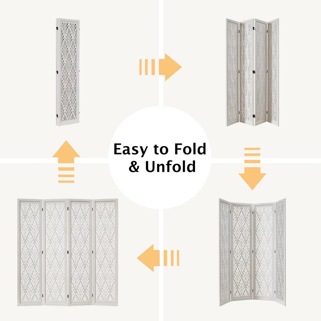 Urbane Crafts 4-Panel Carved Leaf Wood Room Divider, 67" H Freestanding Folding Privacy Screen, Off-White Wooden Wall Partition for Home Office & Bedroom