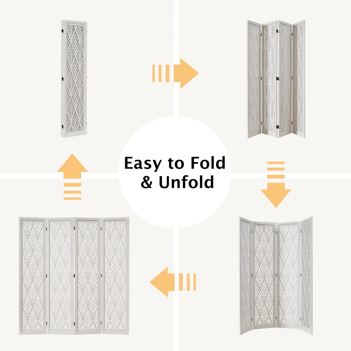 Urbane Crafts 4-Panel Carved Leaf Wood Room Divider, 67" H Freestanding Folding Privacy Screen, Off-White Wooden Wall Partition for Home Office & Bedroom