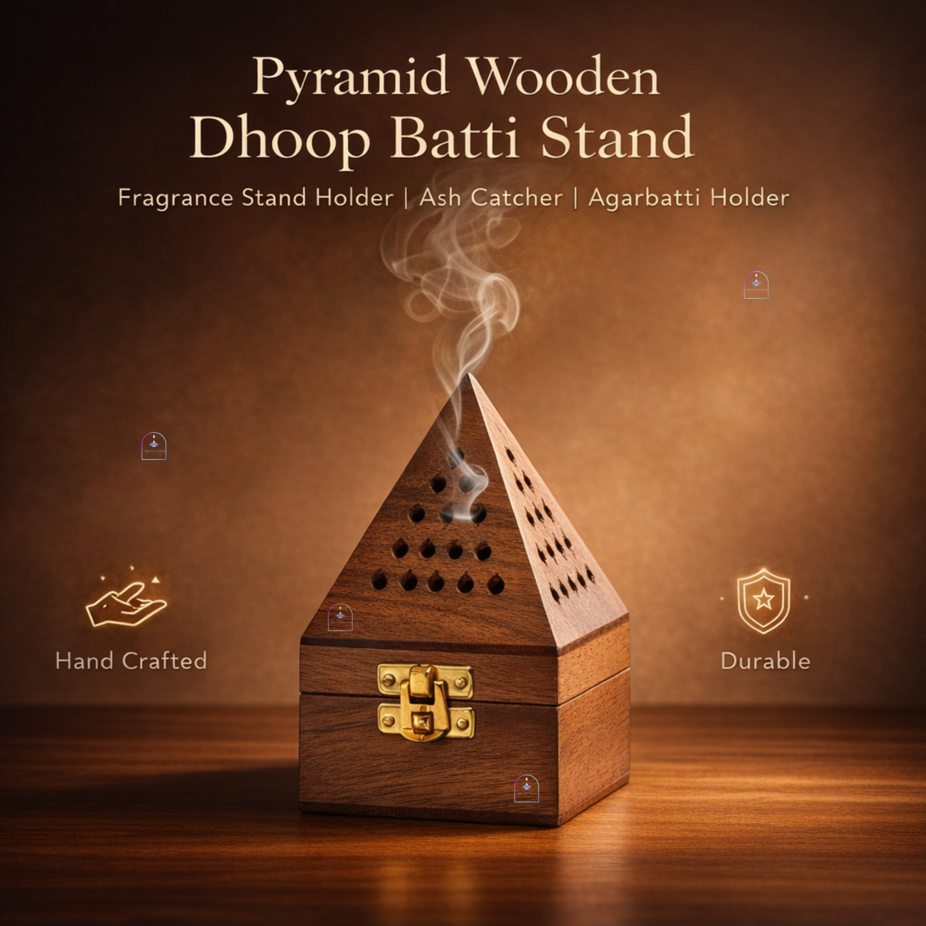 Urbane Crafts Handcrafted Sheesham Wood Pyramid Dhoop Box & Loban Burner