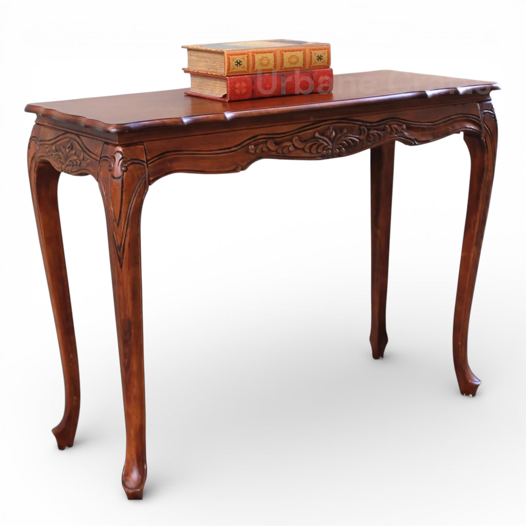 Urbane Crafts Vintage Handcrafted Solid Wood Console Table for Entryway & Living Room – Classic Carved Accent Sofa Table with Curved Legs