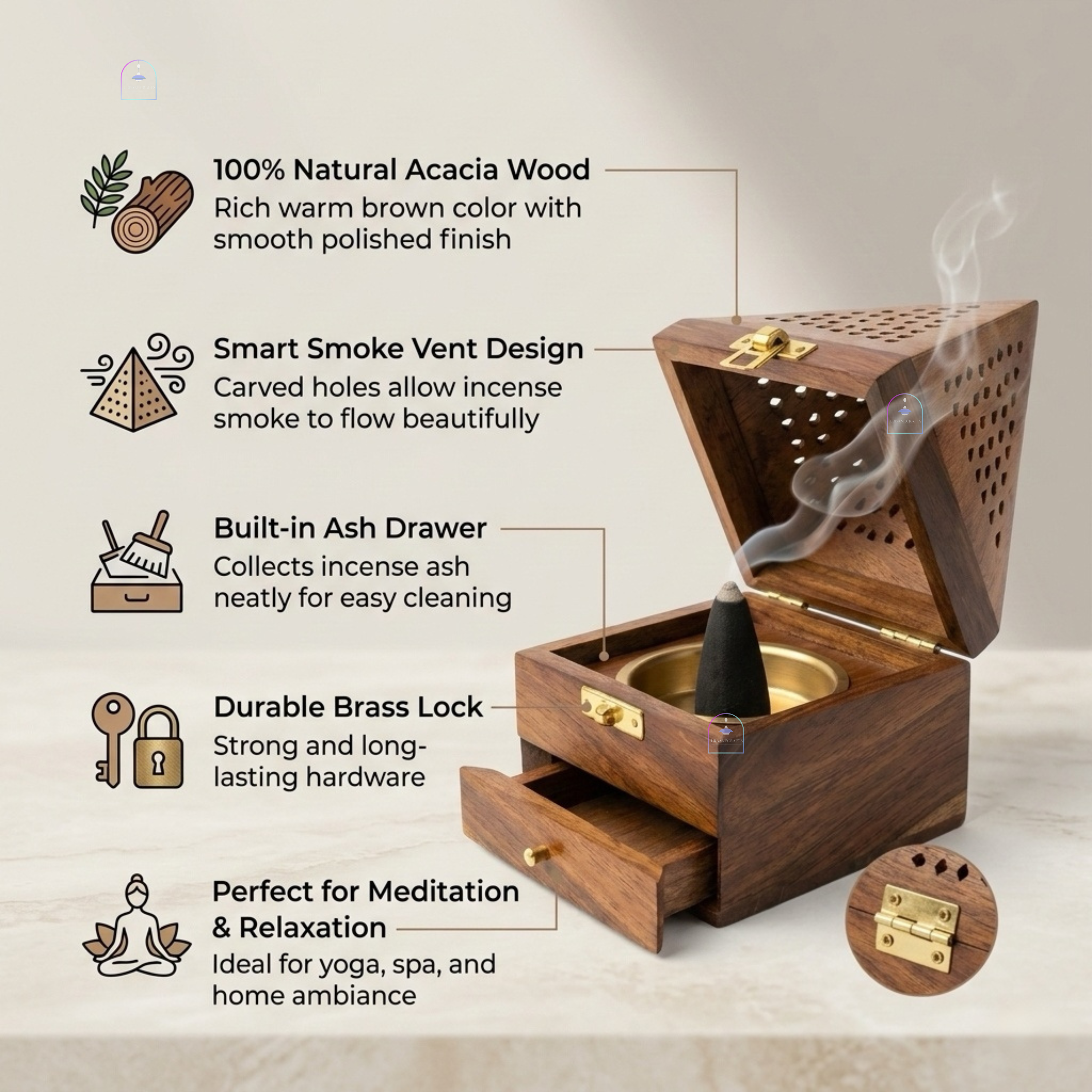 Handcrafted Sheesham Wood Pyramid Dhoop Box with Storage Drawer | 7-Inch Wooden Loban & Sambrani Burner Stand with Removable Brass Dish