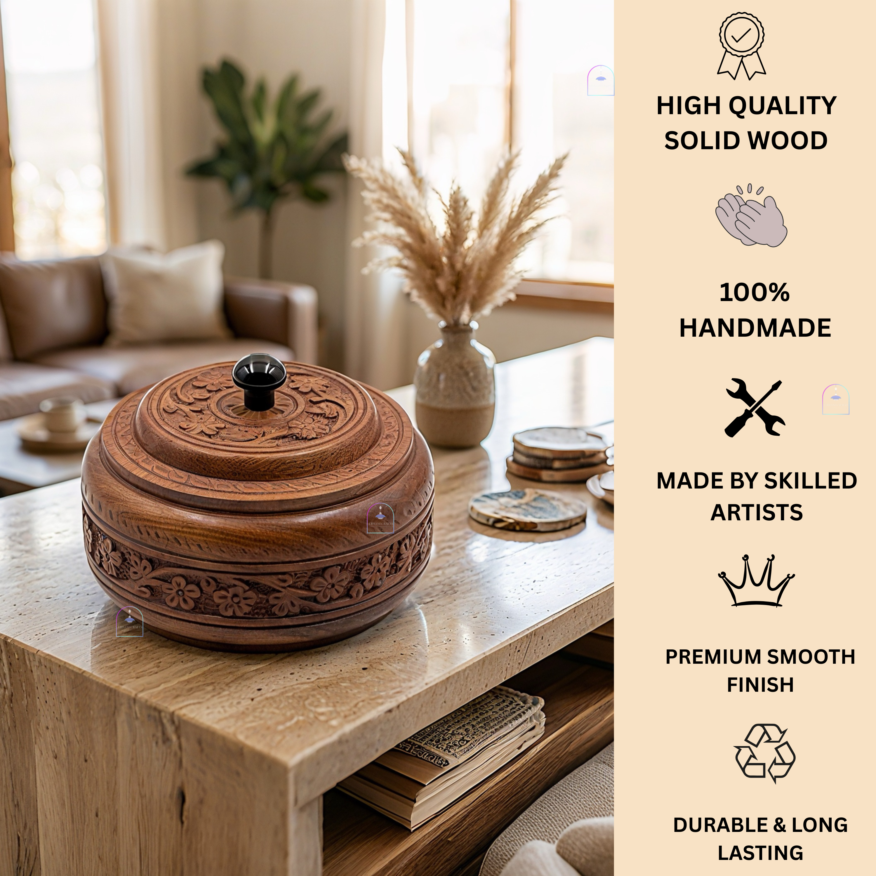 Handcrafted Rosewood Multi-Purpose Spice Box & Dry Fruit Container | 7-Inch Round Wooden Masala Dabba with 4 Removable Compartments & Intricate Floral Carvings