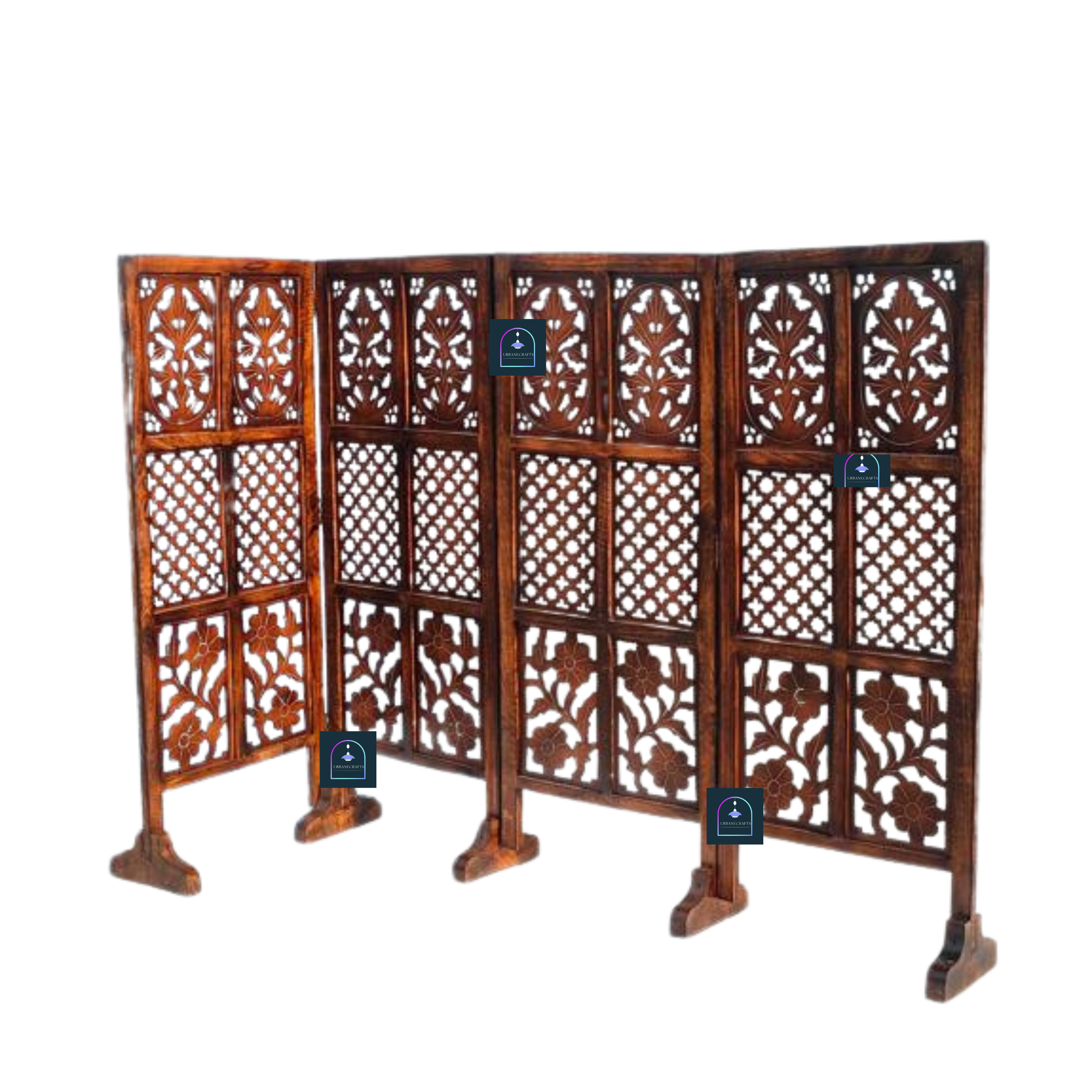 Urbane Crafts Handcrafted 4 Panel Wooden Room Divider (4 Ft Height) – Hand Carved Solid Wood Folding Partition Screen & Low Profile Room Separator for Living Room, Home Office & Bedroom