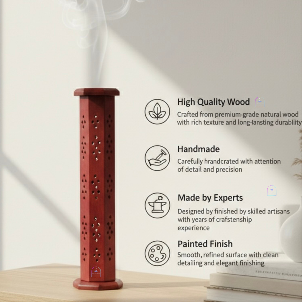 Urbane Crafts Handcrafted Mango Wood Hexagonal Tower Incense Burner & Agarbatti Holder | 12-Inch Red Finish Wooden Dhoop & Incense Stick Stand