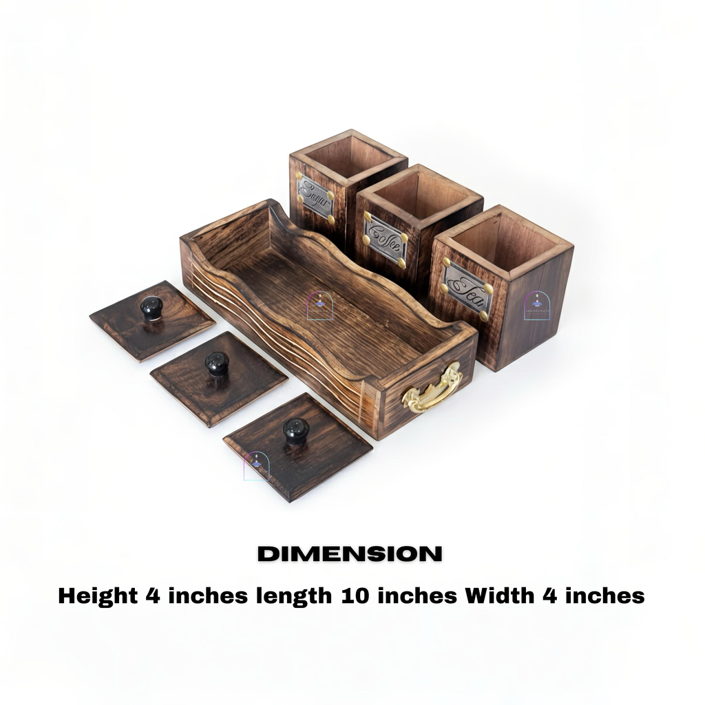 Handcrafted Rosewood Tea Coffee Sugar Container Set with Serving Tray | Rustic 3-Piece Wooden Kitchen Canister Set with Lids & Brass Labels | Vintage Coffee Bar & Kitchen Storage Organizer