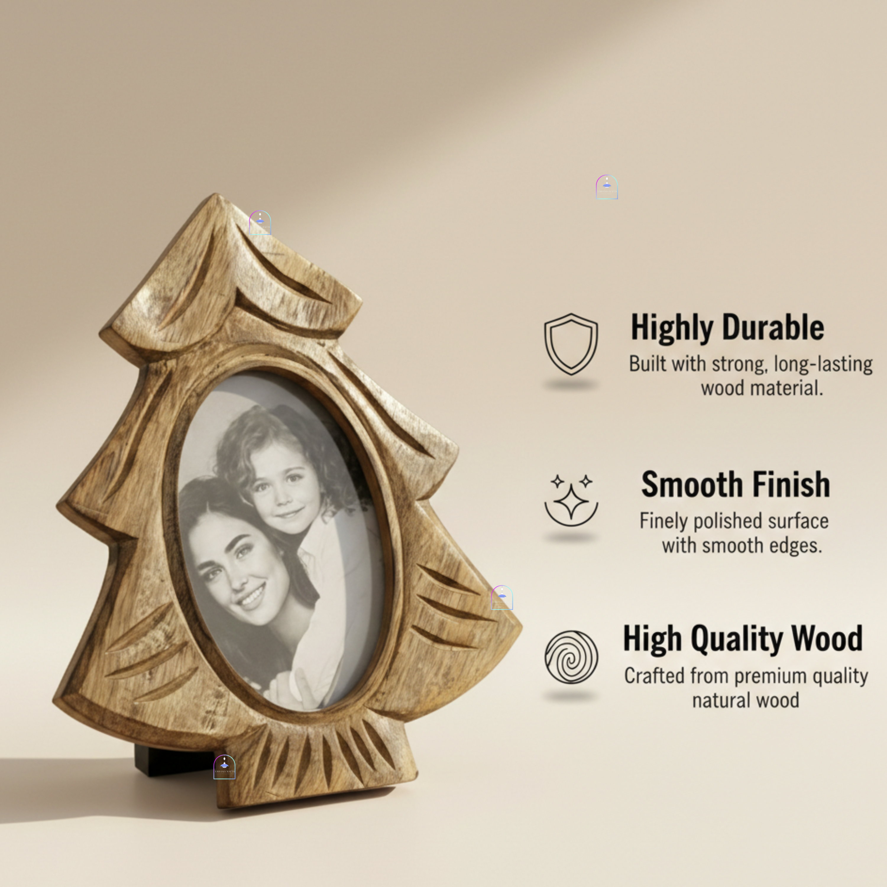 Handcrafted Mango Wood Tree-Shaped Photo Frame | Vintage Carved Pine Tree Picture Frame Tabletop Accent with Backstand | Rustic Holiday & Silhouette Home Decor