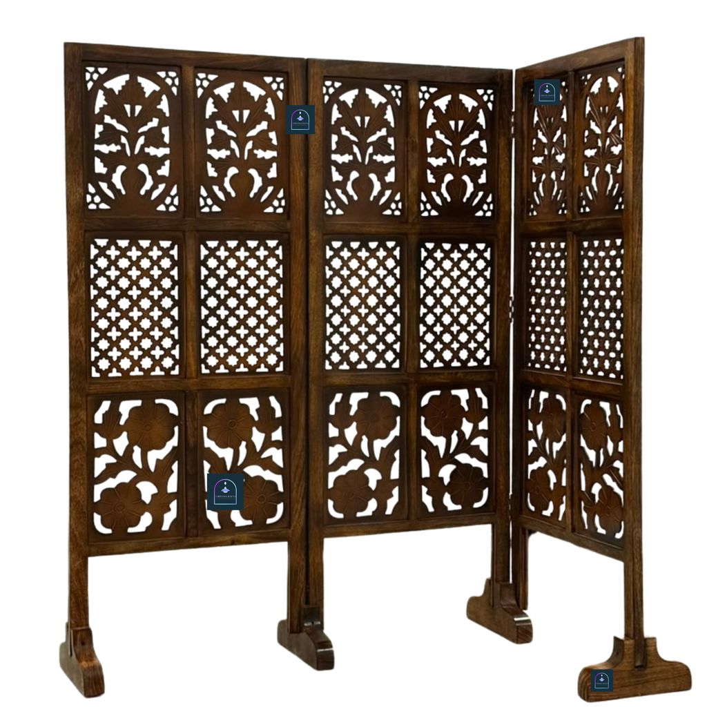 Urbane Crafts Handcrafted 3 Panel Wooden Room Divider (4 Ft Height) – Hand Carved Solid Wood Folding Partition Screen & Low Profile Room Separator for Living Room, Home Office & Bedroom