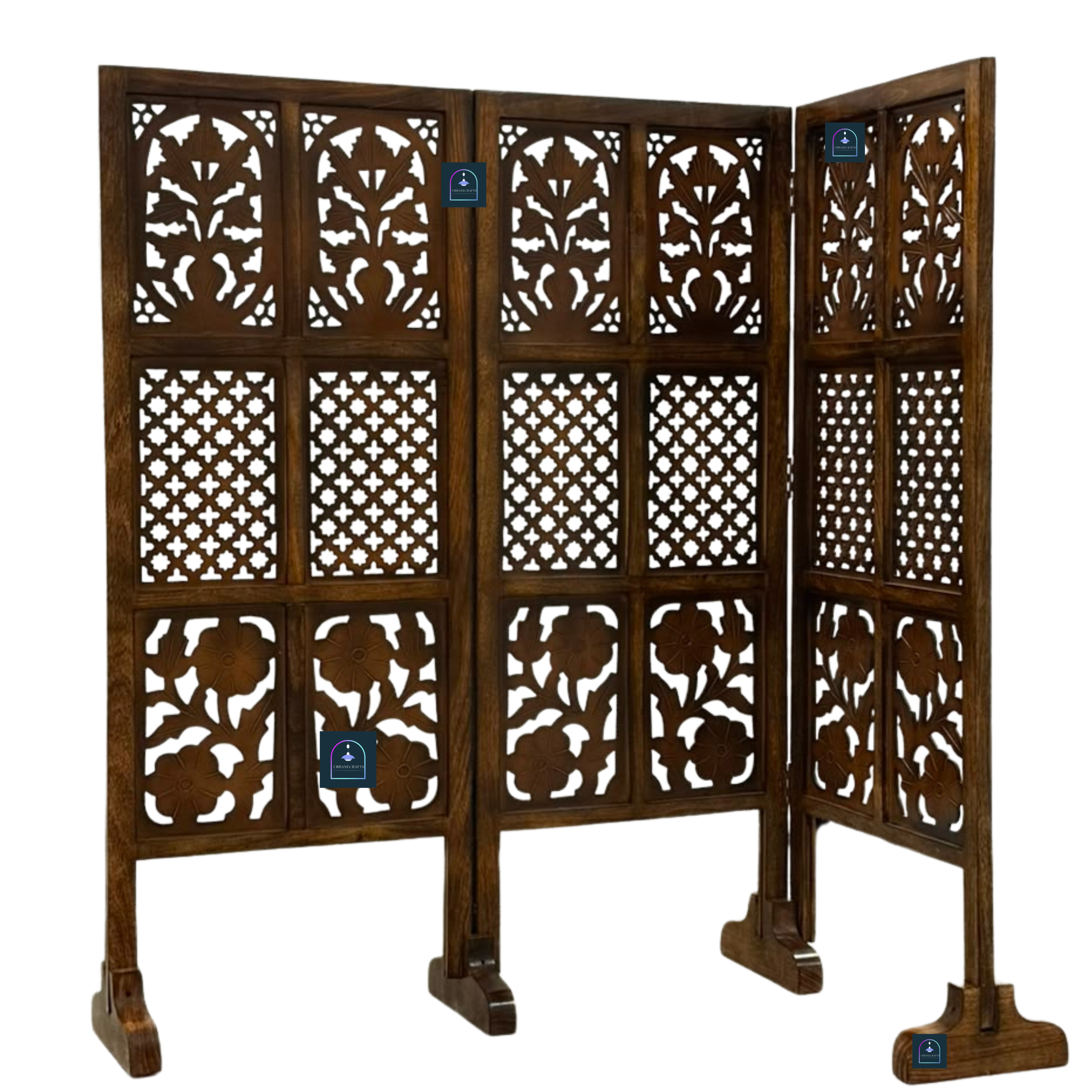 Urbane Crafts Handcrafted 3 Panel Wooden Room Divider (4 Ft Height) – Hand Carved Solid Wood Folding Partition Screen & Low Profile Room Separator for Living Room, Home Office & Bedroom