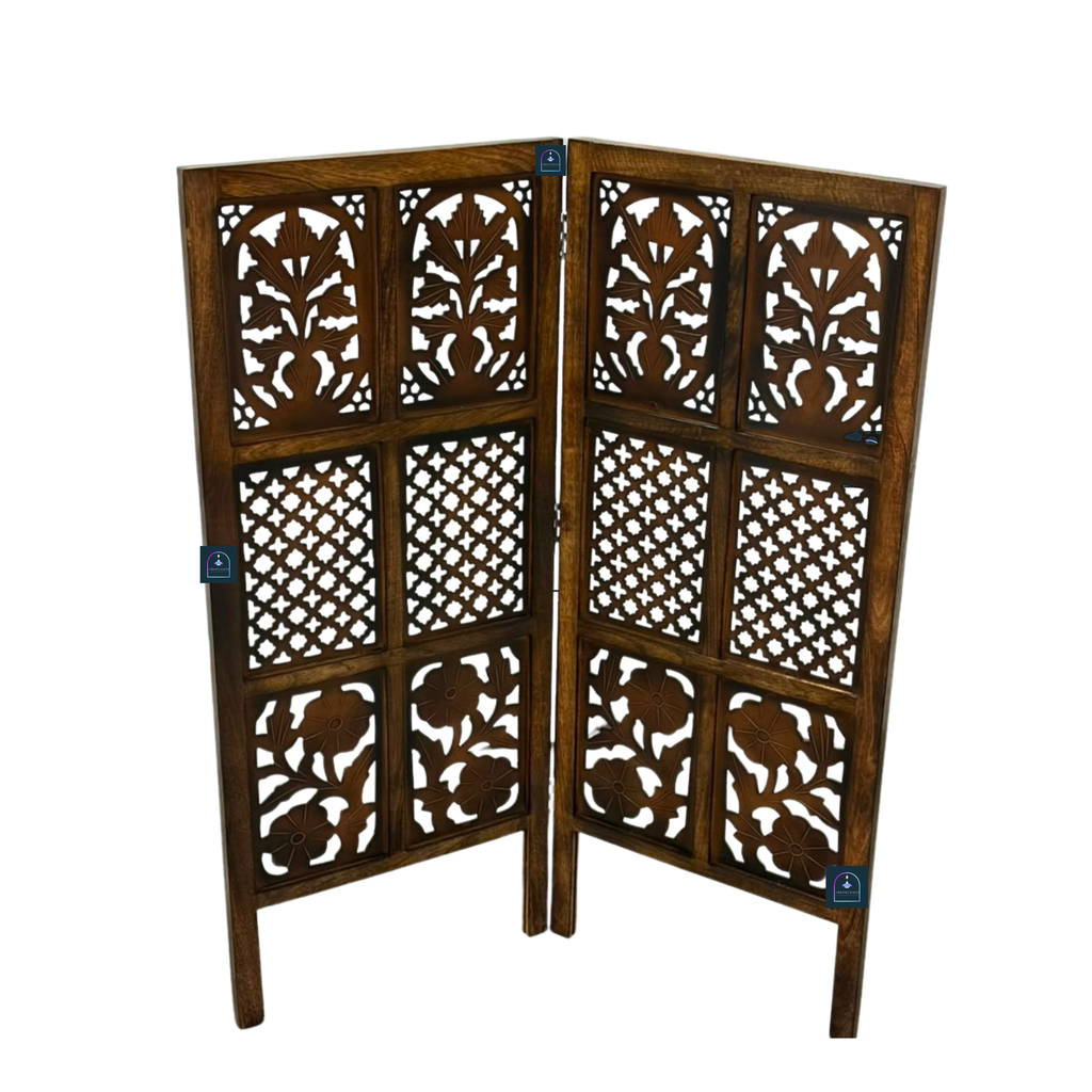 Urbane Crafts Handcrafted 2 Panel Wooden Room Divider (4 Ft Height) – Hand Carved Solid Wood Folding Partition Screen & Low Profile Room Separator for Living Room, Home Office & Compact Spaces