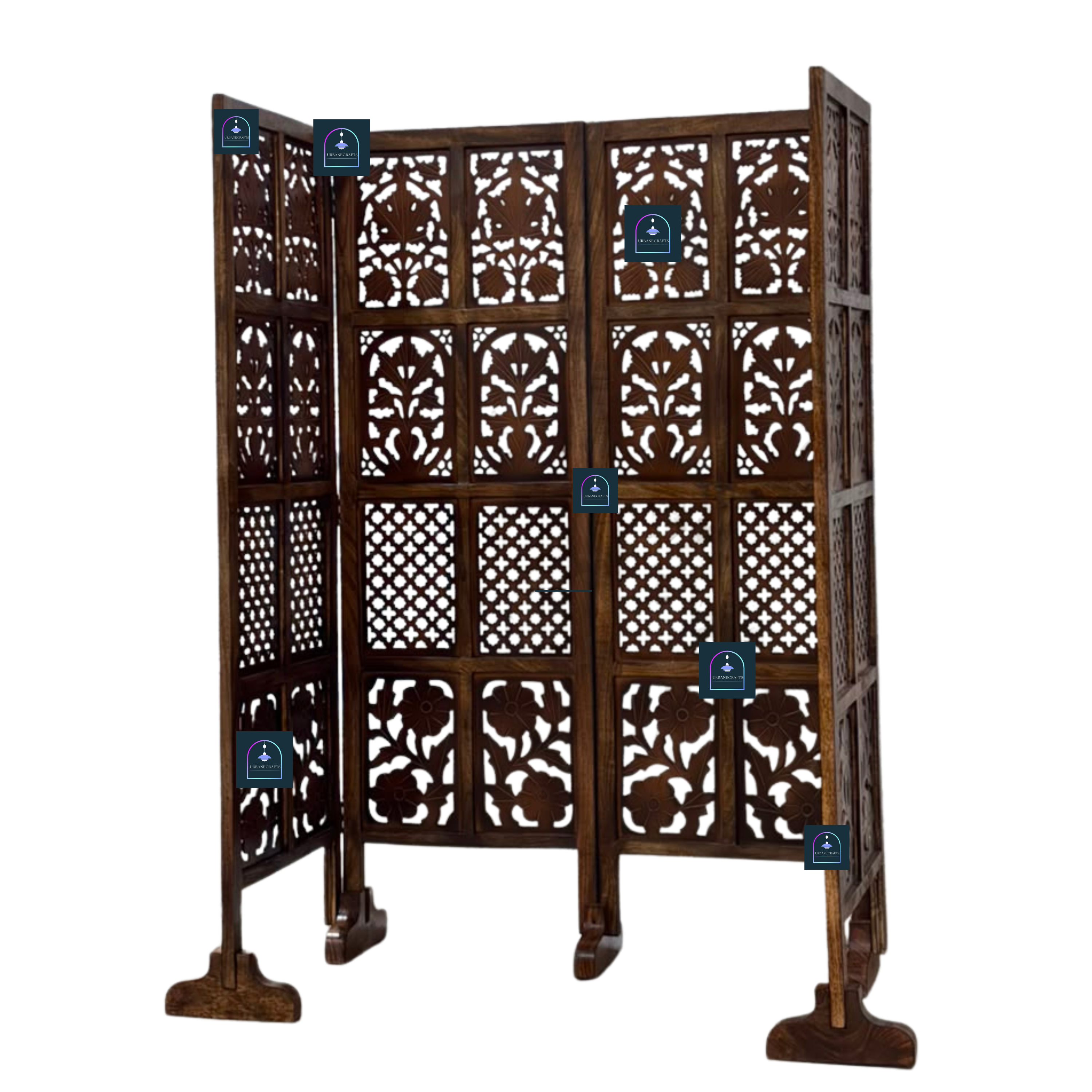 Urbane Crafts Handcrafted 4 Panel Wooden Room Divider (5 Ft Height) – Hand Carved Solid Wood Folding Partition Screen with Support Feet & Privacy Room Separator for Living Room, Home Office & Bedroom
