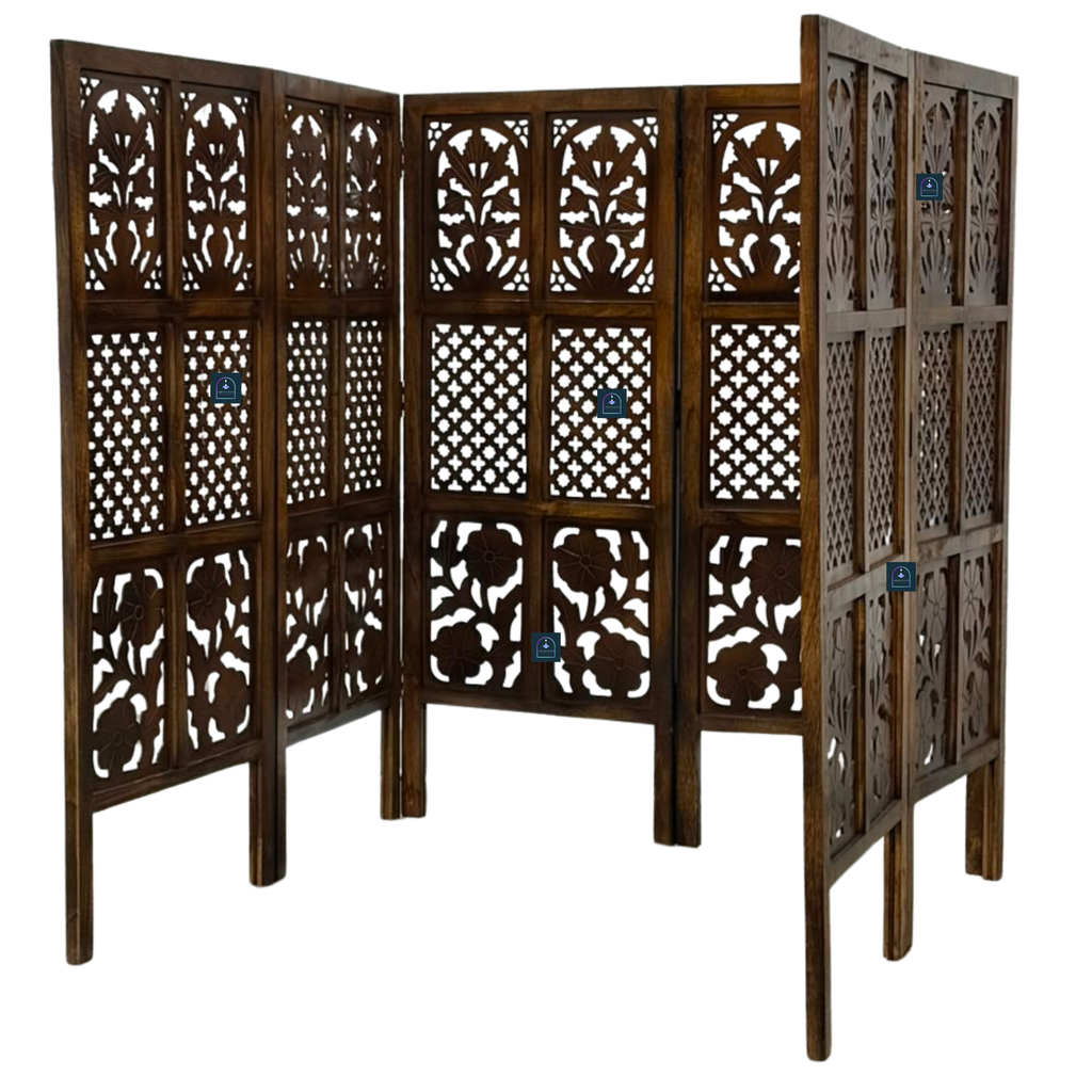Urbane Crafts Handcrafted 6 Panel Wooden Room Divider (4 Ft Height) – Hand Carved Solid Wood Folding Partition Screen & Room Separator for Living Room, Home Office & Bedroom