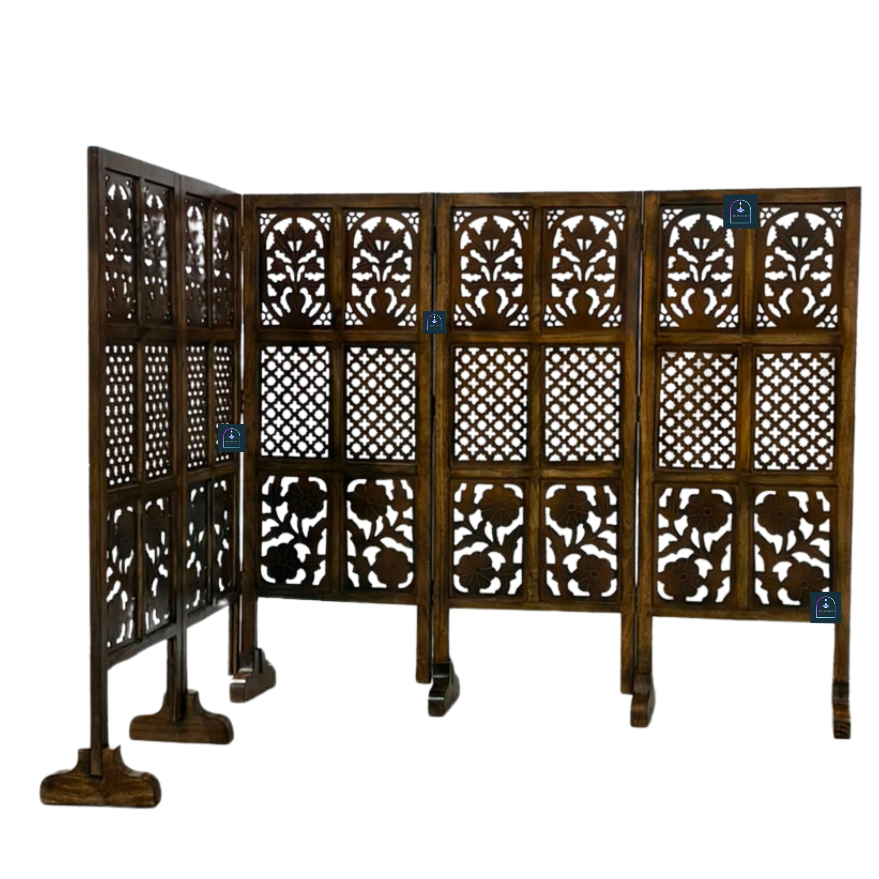 Urbane Crafts Handcrafted 5 Panel Wooden Room Divider (4 Ft Height) – Hand Carved Solid Wood Folding Partition Screen & Low Profile Room Separator for Living Room, Home Office & Bedroom
