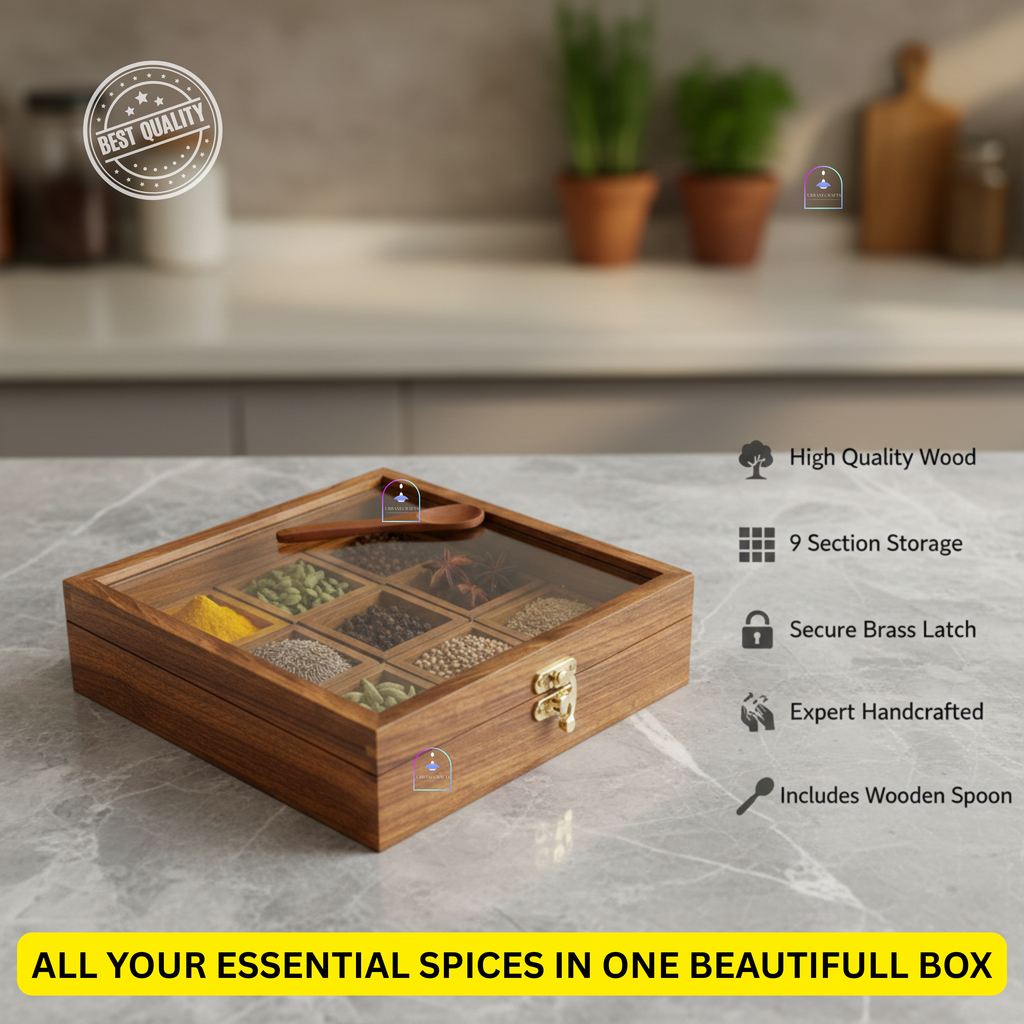 Handcrafted Rosewood Square Spice Box with Glass Lid & Wooden Spoon | 8x8 Inch Indian Masala Dabba with 9 Removable Compartments | Multi-Purpose Dry Fruit & Kitchen Storage Container