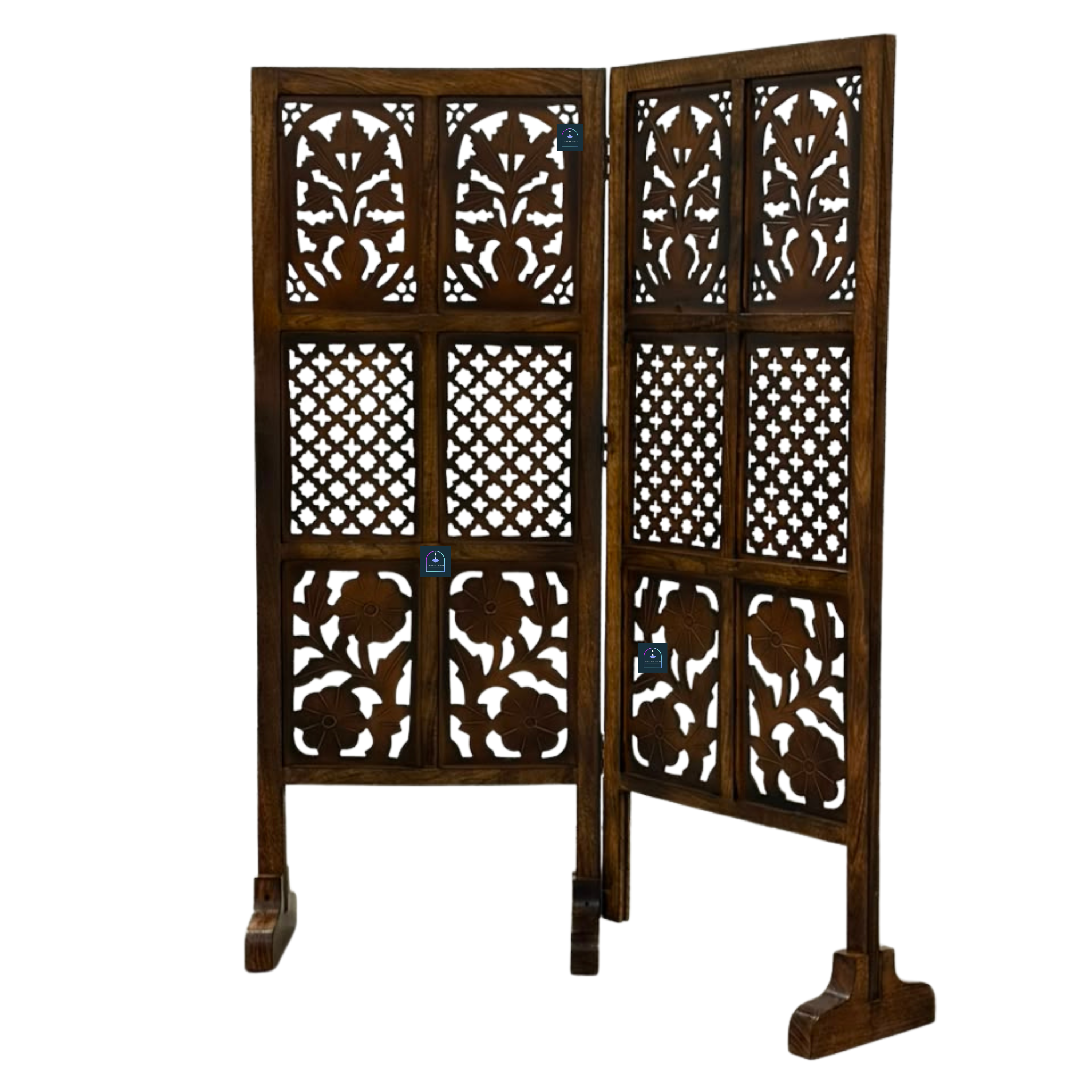 Urbane Crafts Handcrafted 2 Panel Wooden Room Divider (4 Ft Height) – Hand Carved Solid Wood Folding Partition Screen & Low Profile Room Separator for Living Room, Home Office & Compact Spaces
