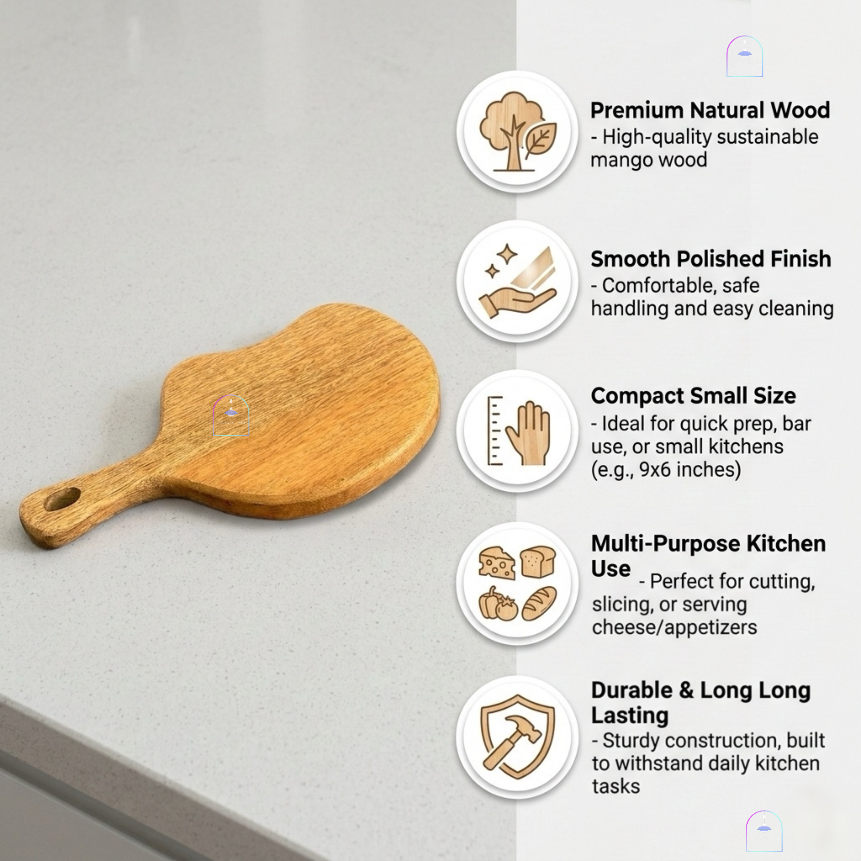 Handcrafted Mango Wood Cloud-Shaped Chopping Board | 10x6 Inch Organic Curved Wooden Cheese Board & Pizza Paddle Serving Platter with Handle