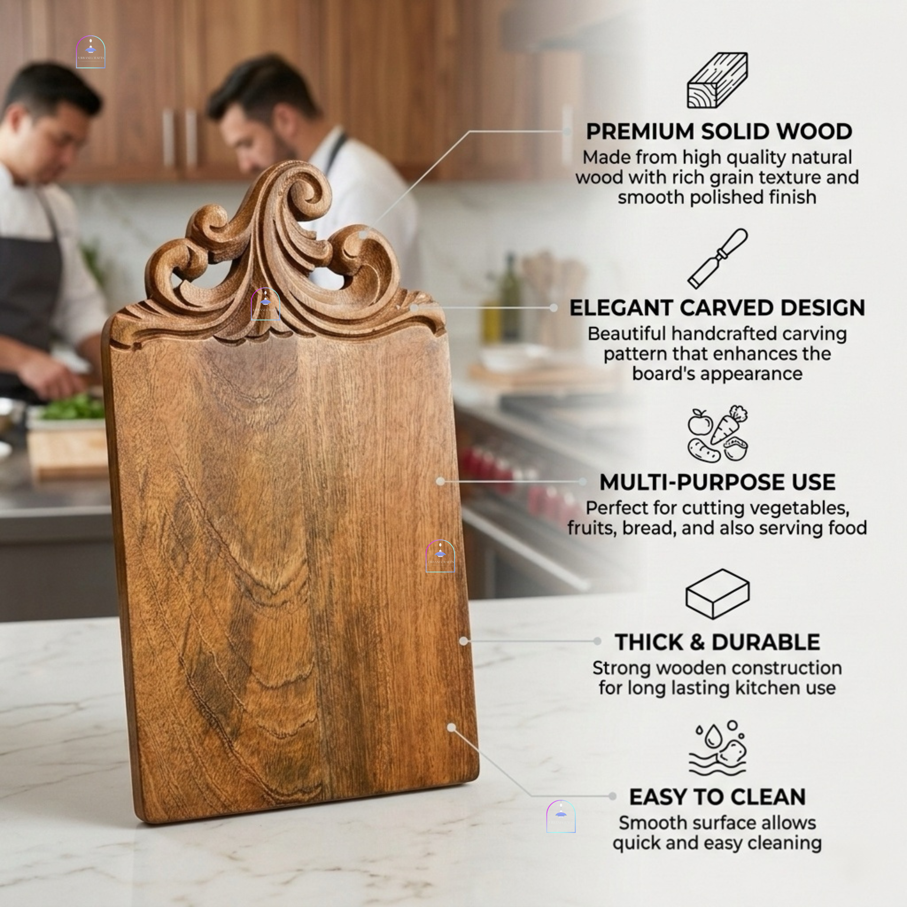 Handcrafted Mango Wood Baroque Carved Chopping Board | 16x8 Inch Luxury Vintage Wooden Cheese Board & Elegant Charcuterie Serving Platter with Ornate Handle