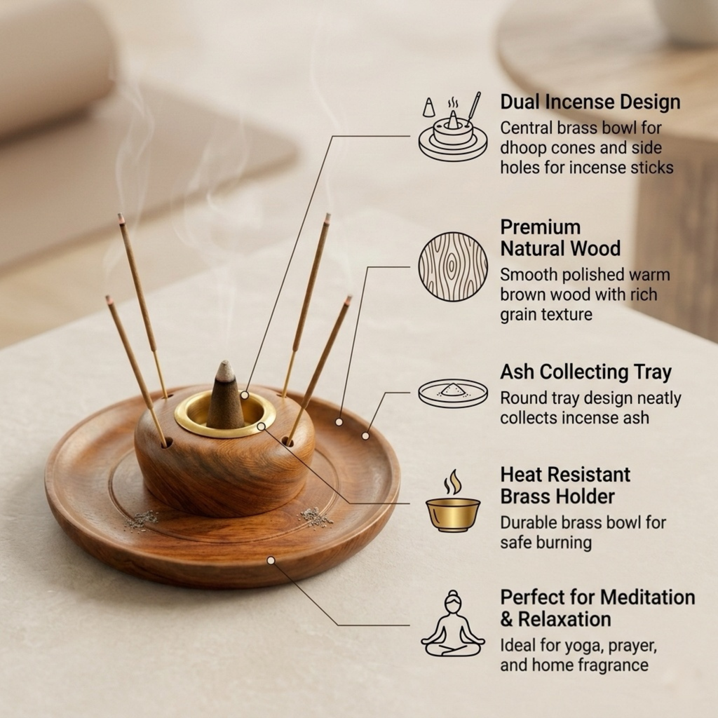 Handcrafted Sheesham Wood Round Incense Plate Holder & Dhoop Cone Stand | Dual Agarbatti Stick & Dhoop Burner with Brass Cup Insert