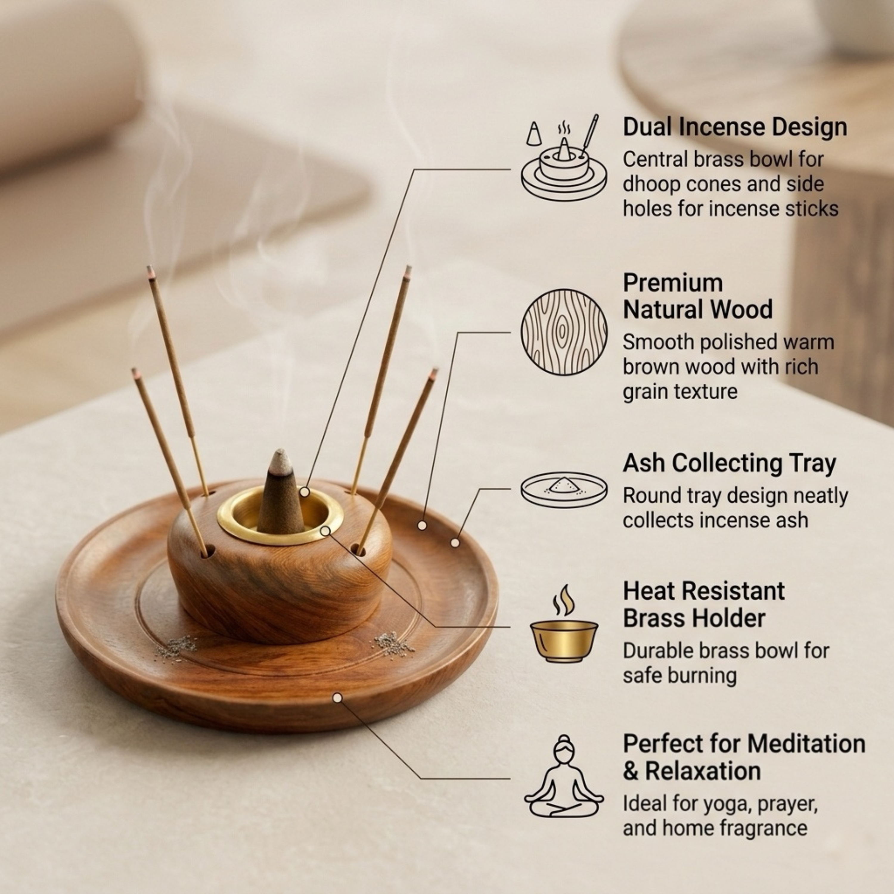 Handcrafted Sheesham Wood Round Incense Plate Holder & Dhoop Cone Stand | Dual Agarbatti Stick & Dhoop Burner with Brass Cup Insert