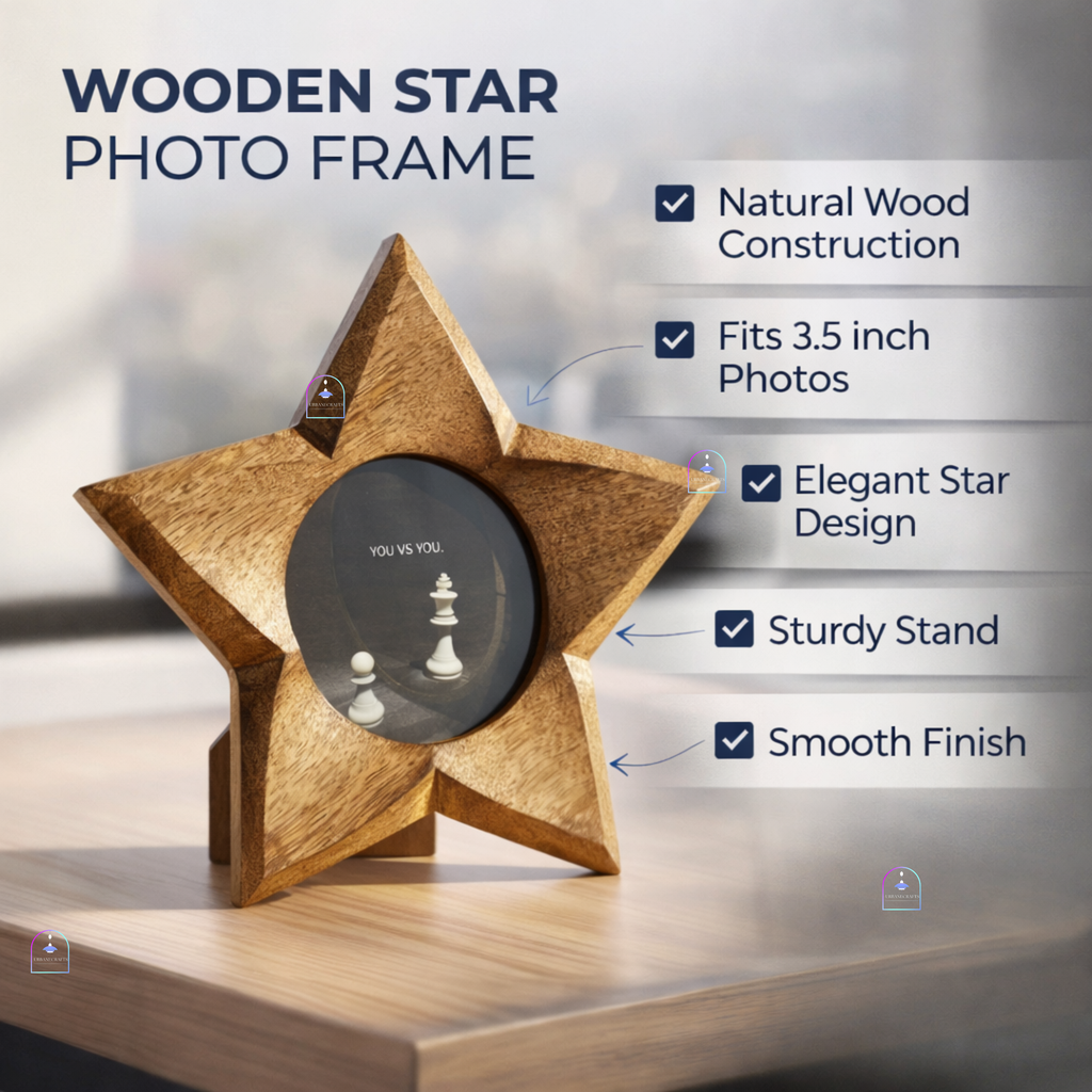 Handcrafted Mango Wood Star Photo Frame | 8x8 Inch Wooden Picture Frame Tabletop Accent with Backstand