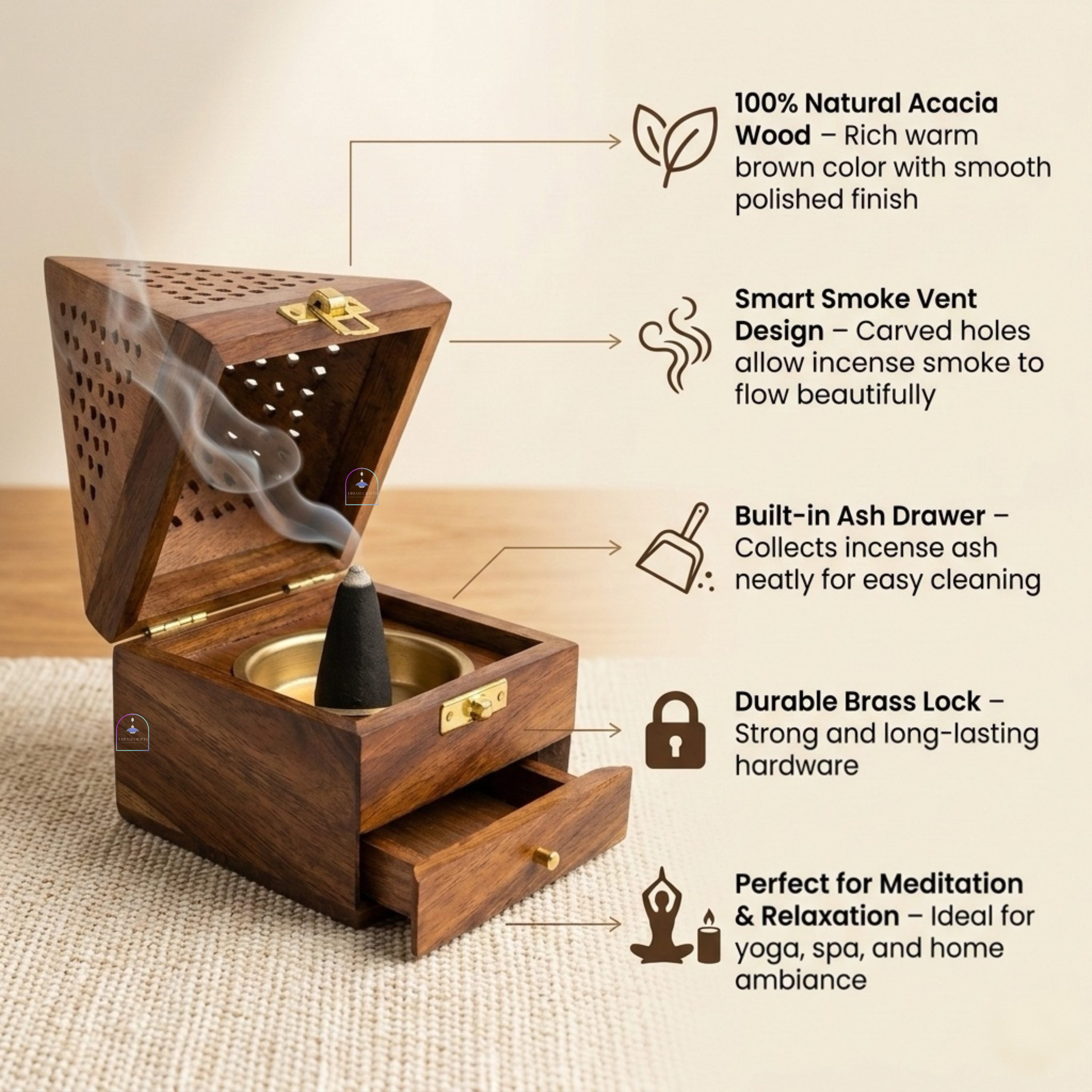 Handcrafted Sheesham Wood Pyramid Dhoop Box with Storage Drawer | 7-Inch Wooden Loban & Sambrani Burner Stand with Removable Brass Dish