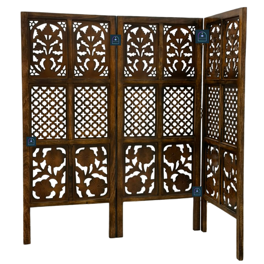 Urbane Crafts Handcrafted 3 Panel Wooden Room Divider (4 Ft Height) – Hand Carved Solid Wood Folding Partition Screen & Low Profile Room Separator for Living Room, Home Office & Bedroom