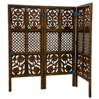 Urbane Crafts Handcrafted 3 Panel Wooden Room Divider (4 Ft Height) – Hand Carved Solid Wood Folding Partition Screen & Low Profile Room Separator for Living Room, Home Office & Bedroom