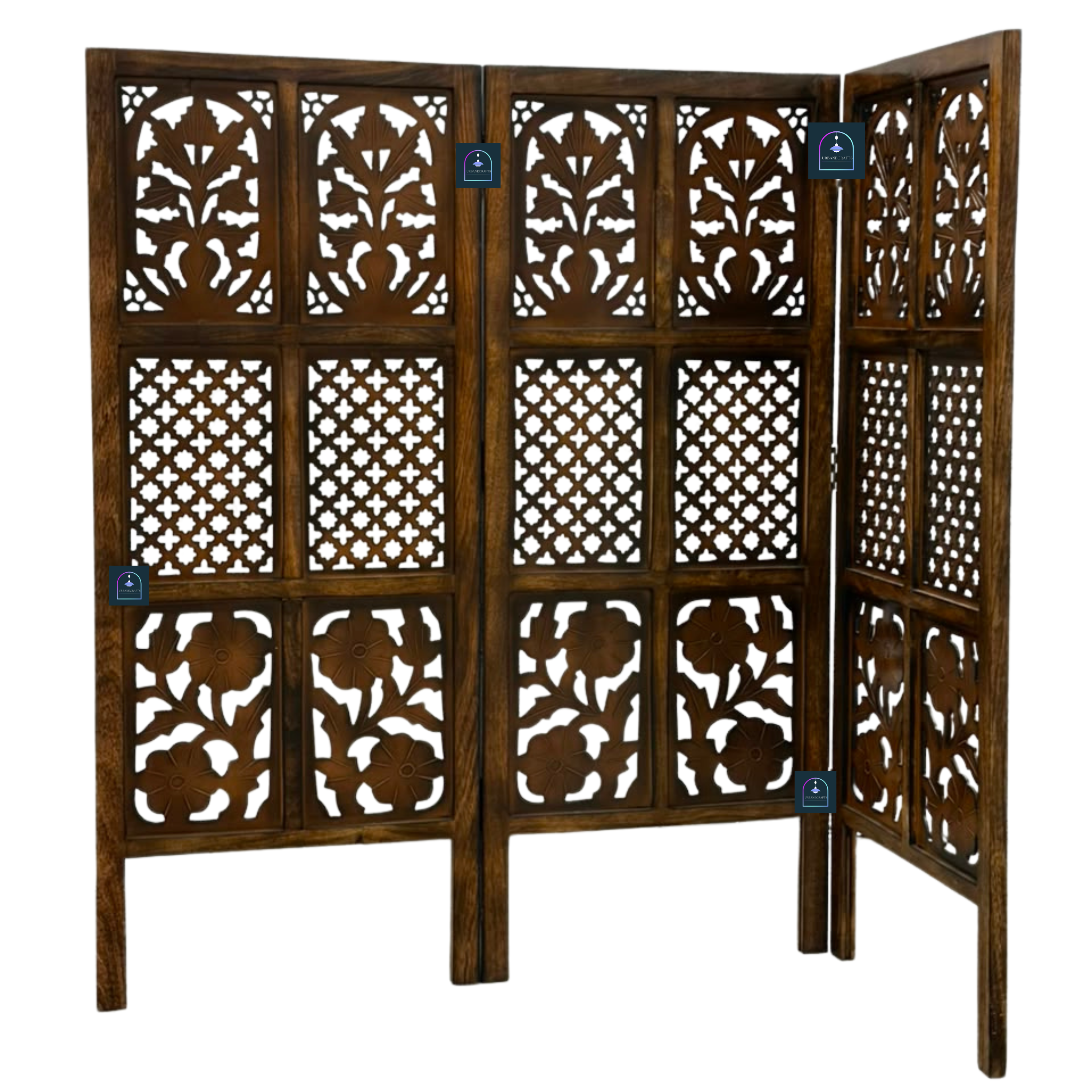 Urbane Crafts Handcrafted 3 Panel Wooden Room Divider (4 Ft Height) – Hand Carved Solid Wood Folding Partition Screen & Low Profile Room Separator for Living Room, Home Office & Bedroom