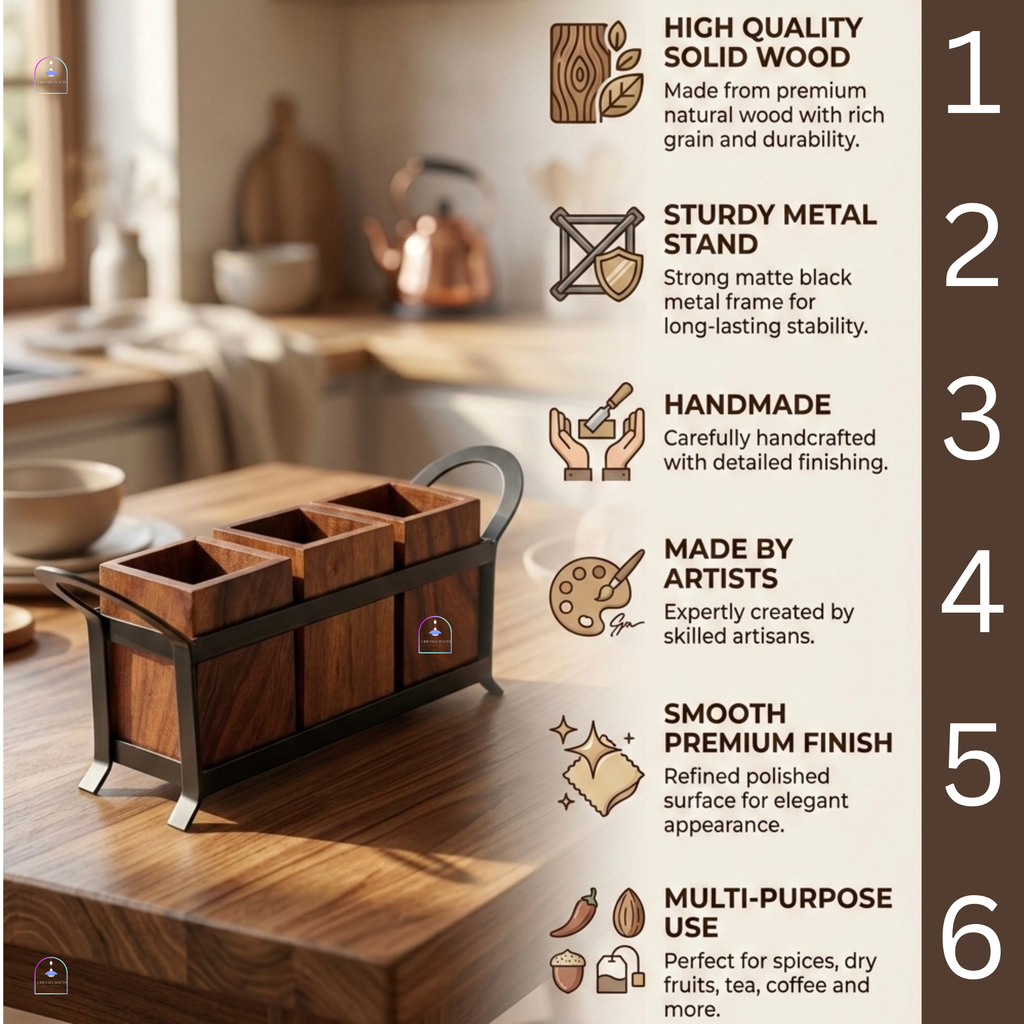 Handcrafted Rosewood and Wrought Iron 3-Canister Storage Set with Stand | 11-Inch Wooden Multi-Purpose Spice Box, Dry Fruit Container & Coffee Bar Station Organizer