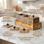 Handcrafted Rosewood Tea Coffee Sugar Container Set with Serving Tray | Rustic 3-Piece Wooden Kitchen Canister Set with Lids & Brass Labels | Vintage Coffee Bar & Kitchen Storage Organizer