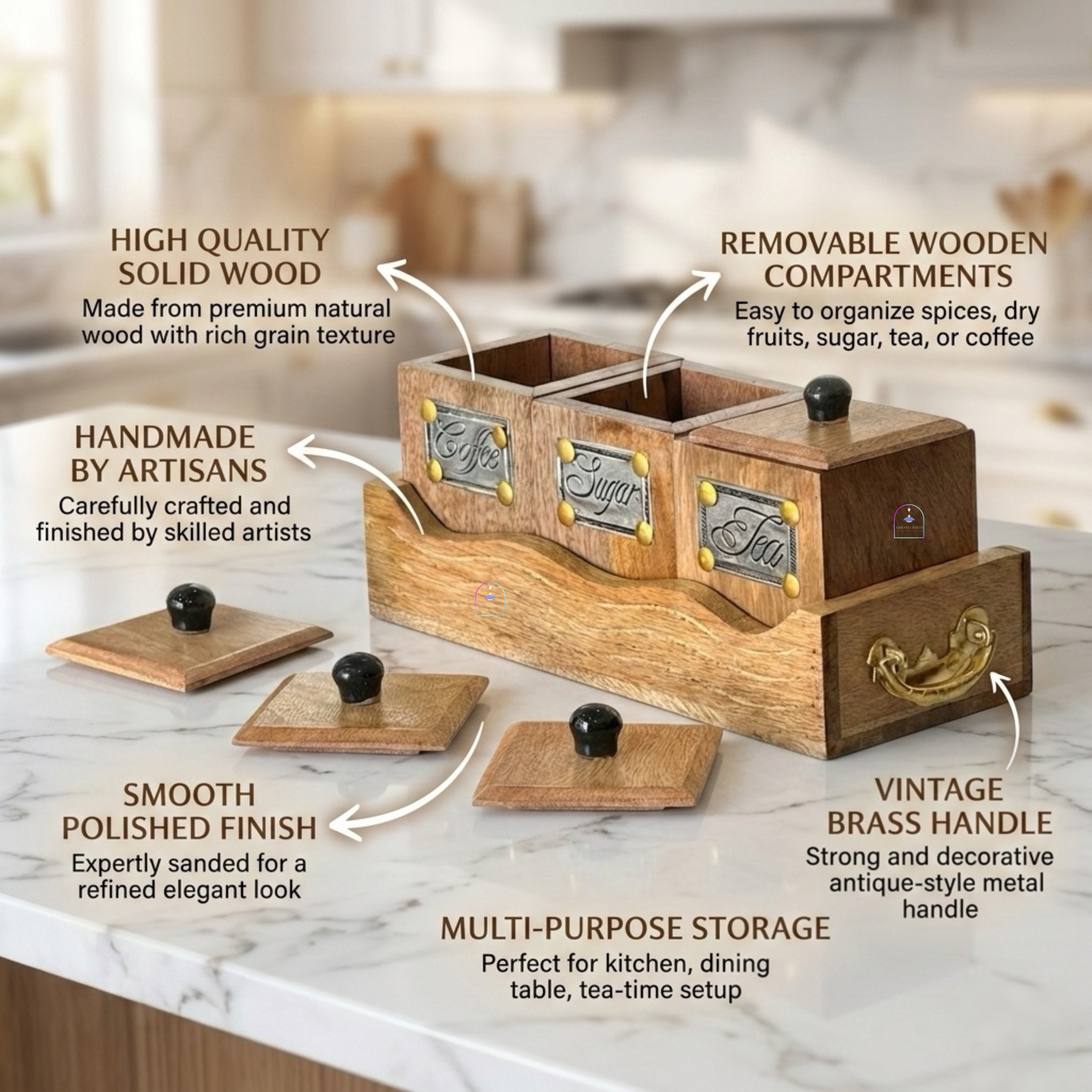 Handcrafted Rosewood Tea Coffee Sugar Container Set with Serving Tray | Rustic 3-Piece Wooden Kitchen Canister Set with Lids & Brass Labels | Vintage Coffee Bar & Kitchen Storage Organizer