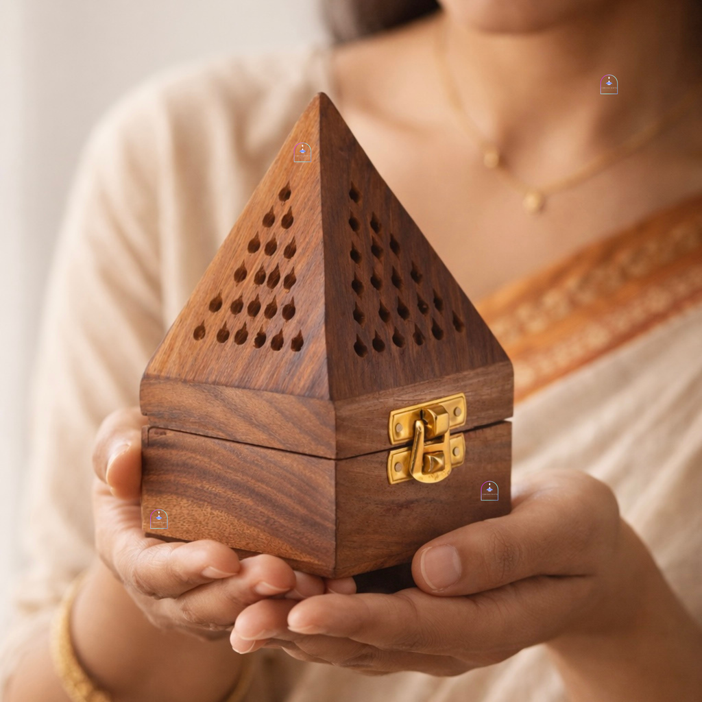 Urbane Crafts Handcrafted Sheesham Wood Pyramid Dhoop Box & Loban Burner