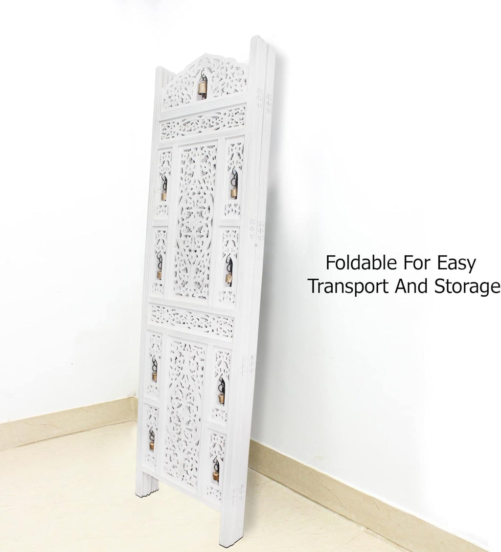 Urbane Crafts Handcrafted Wooden Room Divider & Living Room Partition Screen | 4-Panel Solid Mango Wood & MDF Privacy Screen with Intricate Carvings & Brass Bells | White Distressed Finish