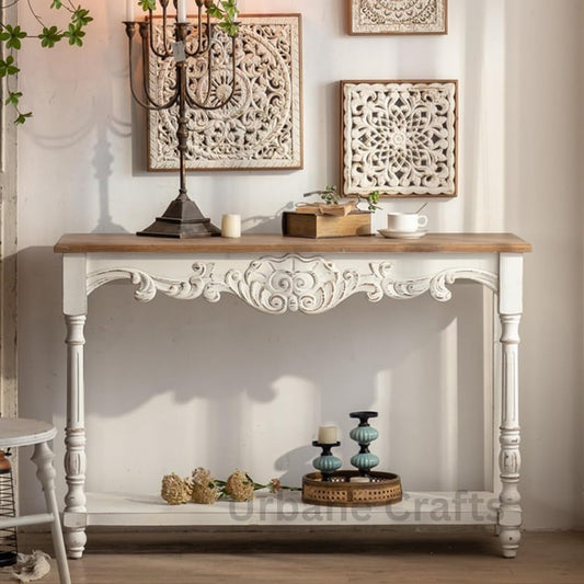 Urbane Crafts Mid-Century Modern Entryway Accent Table with Solid Wood Roman Column Legs, Wooden Tabletop, Farmhouse Sofa Table for Living Room, Hallway, Office, Antique White Distressed Finish