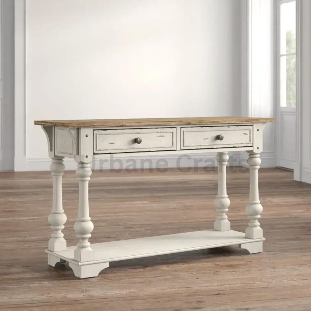 Urbane Crafts Wooden Carved Console Table | Solid Mango Wood, Antique White Distress | Decorative Table for Living Room, Hallway, Entryway, or Office | 52 x 30 x 16 Inches, White Deco