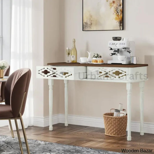 Urbane Crafts Wooden Carved Console Table in Solid Mango Wood with White Duco Finish for livingroom, Hall, enterway, Office Size 31 * 43 * 16 inch (Distress)
