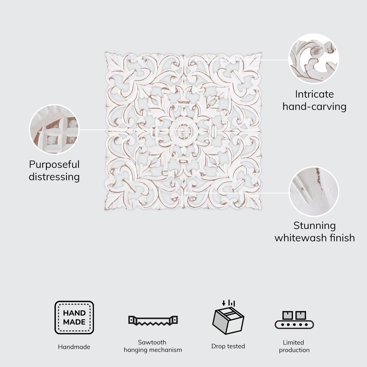 Urbane Crafts Handcrafted Wooden Wall Panels Set of 2 | Floral Medallion Design Decorative Wall Art | Antique White & Black Finish Home Décor Accent for Living Room, Bedroom & Hallway