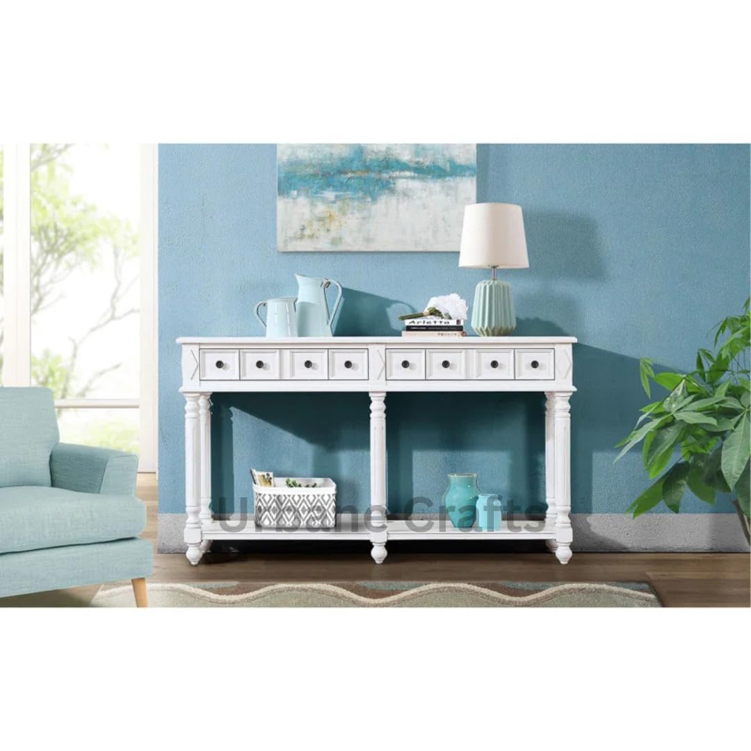 Urbane Crafts Wooden Carved Console Table | Solid Mango Wood, Antique White Distress | Decorative Table for Living Room, Hallway, Entryway, or Office | 58 x 33 x 15 Inches, White Deco