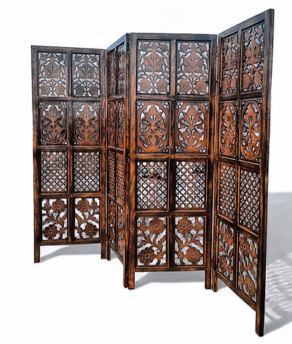 Urbane Crafts Handcrafted 4 Panel Wooden Room Divider (5 Ft Height) – Hand Carved Solid Wood Folding Partition Screen with Support Feet & Privacy Room Separator for Living Room, Home Office & Bedroom