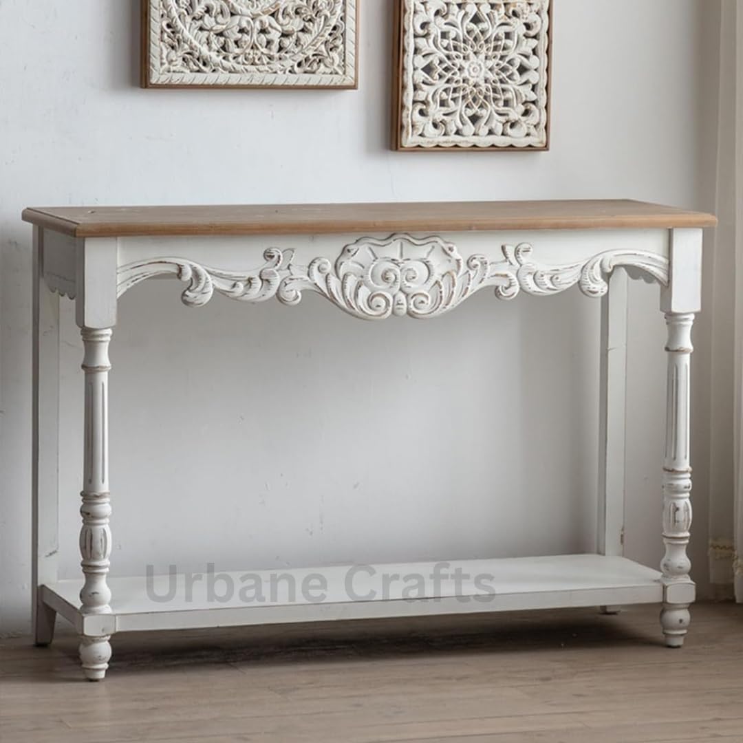 Urbane Crafts Mid-Century Console Table – Roman Column Legs (Antique White)