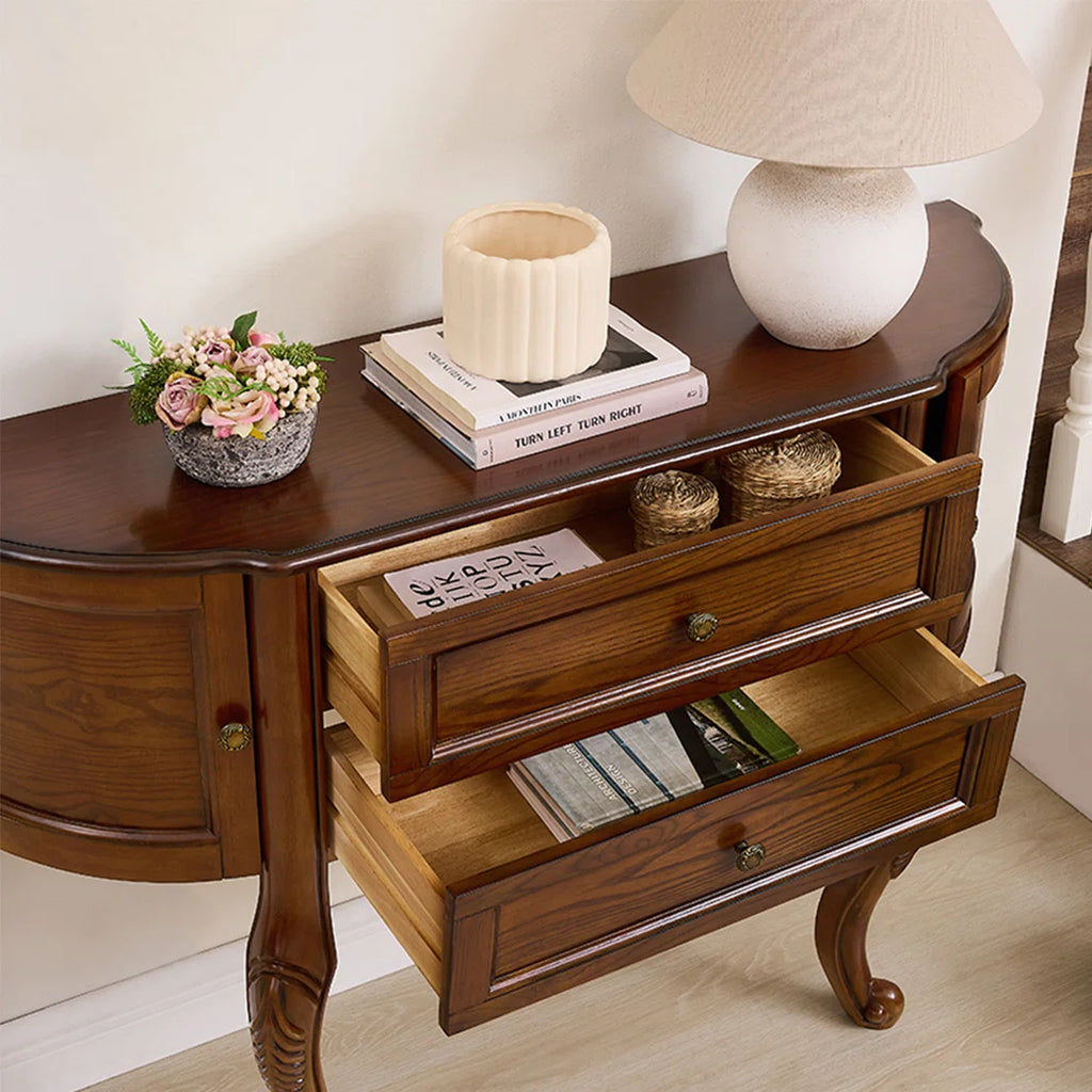 Urbane Crafts Solid Teak Wood Demilune Console Cabinet – Vintage Half-Moon Entryway Sideboard with Drawers, Curved Side Cabinets, and Ornate Cabriole Legs