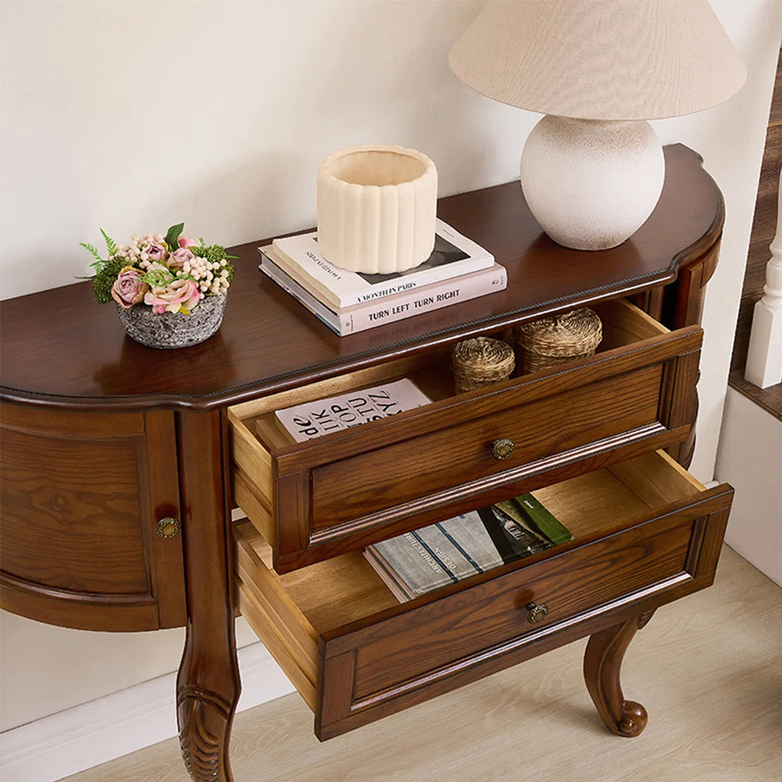 Urbane Crafts Solid Teak Wood Demilune Console Cabinet – Vintage Half-Moon Entryway Sideboard with Drawers, Curved Side Cabinets, and Ornate Cabriole Legs