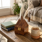 Handcrafted Sheesham Wood Pyramid Dhoop Box with Storage Drawer | 7-Inch Wooden Loban & Sambrani Burner Stand with Removable Brass Dish
