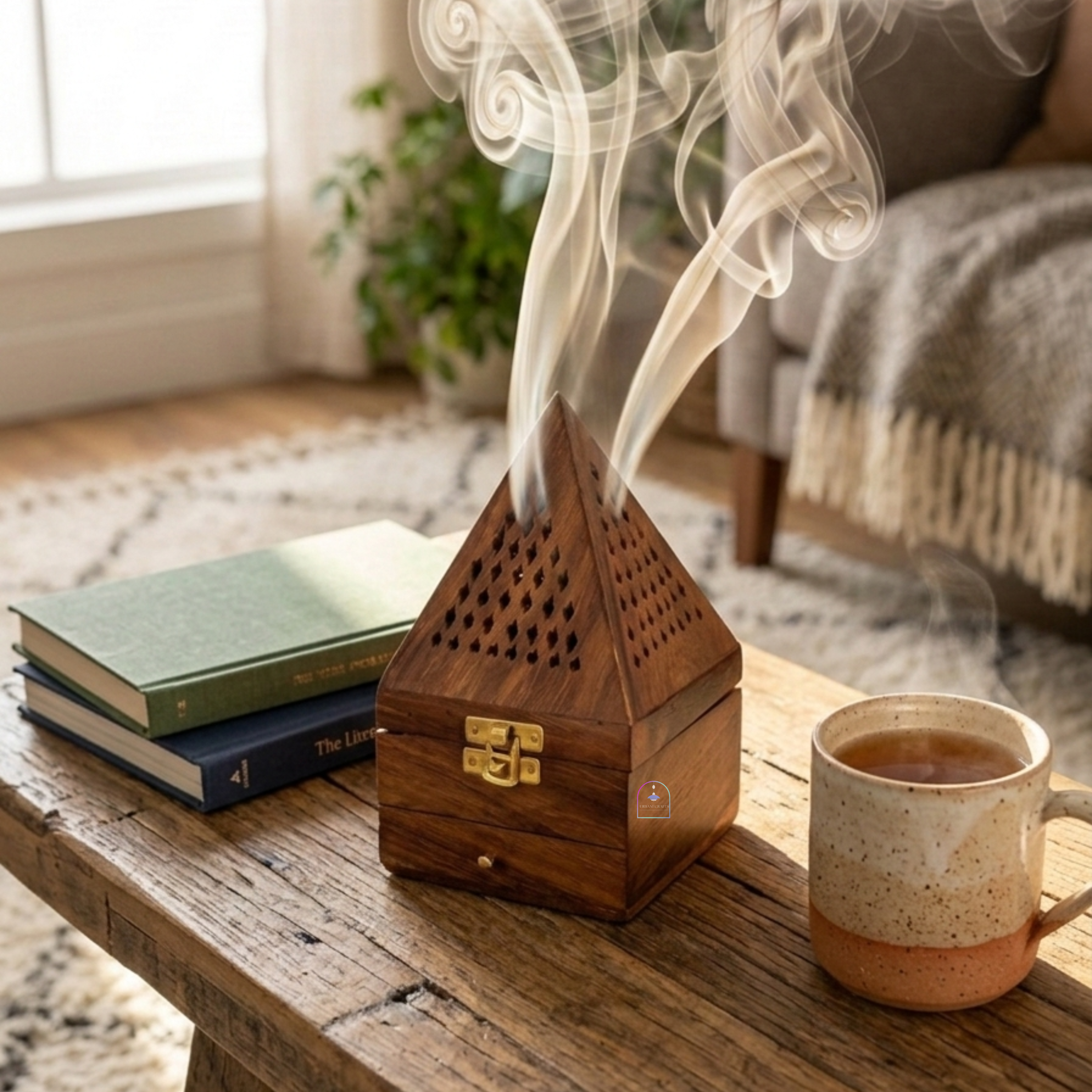 Handcrafted Sheesham Wood Pyramid Dhoop Box with Storage Drawer | 7-Inch Wooden Loban & Sambrani Burner Stand with Removable Brass Dish