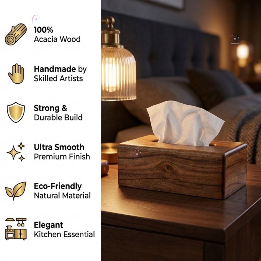 Handcrafted Acacia Wood Rectangular Tissue Box Cover | Decorative Wooden Napkin Dispenser Holder for Dining Table, Living Room, Office & Bathroom