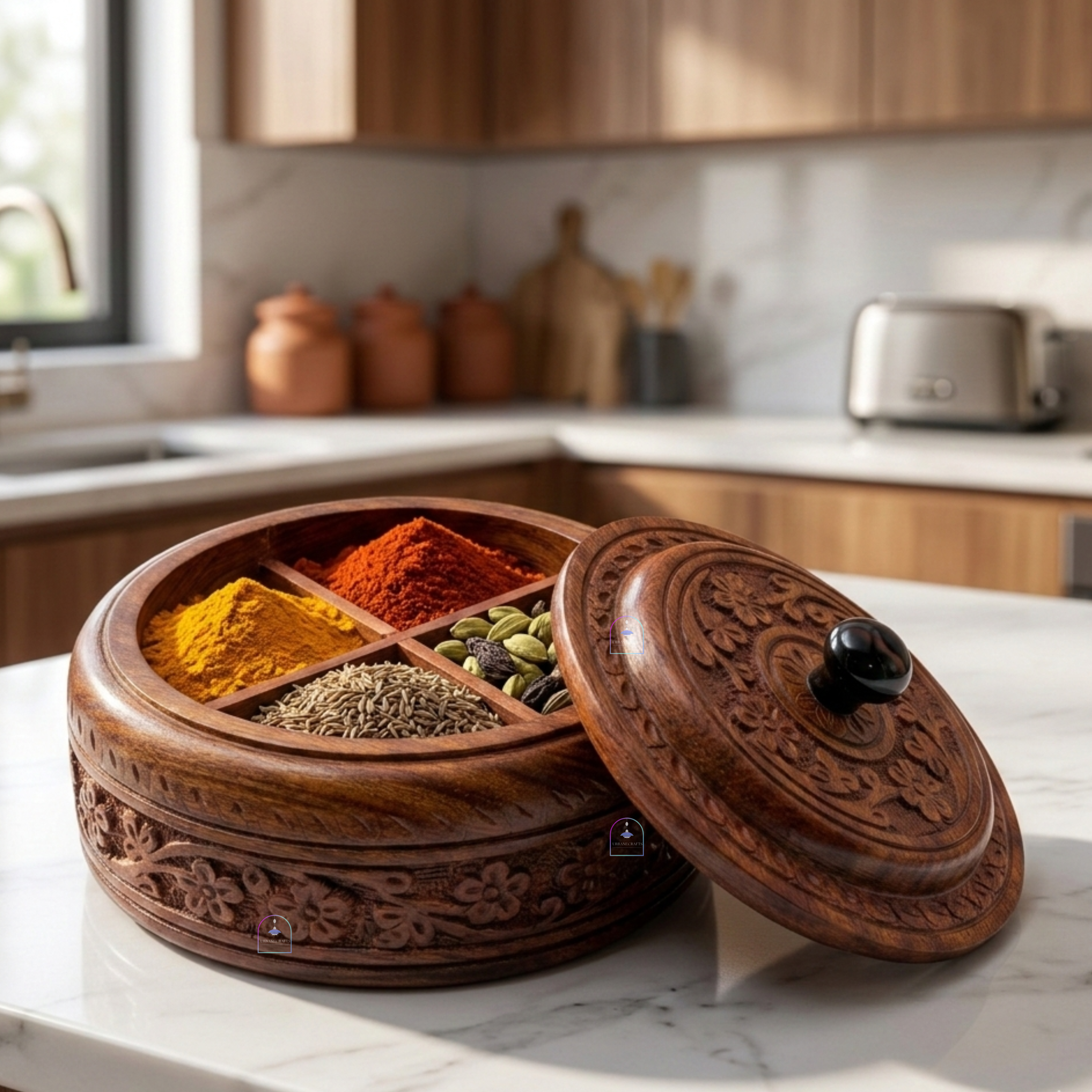 Handcrafted Rosewood Multi-Purpose Spice Box & Dry Fruit Container | 7-Inch Round Wooden Masala Dabba with 4 Removable Compartments & Intricate Floral Carvings