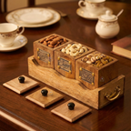 Handcrafted Rosewood Tea Coffee Sugar Container Set with Serving Tray | Rustic 3-Piece Wooden Kitchen Canister Set with Lids & Brass Labels | Vintage Coffee Bar & Kitchen Storage Organizer