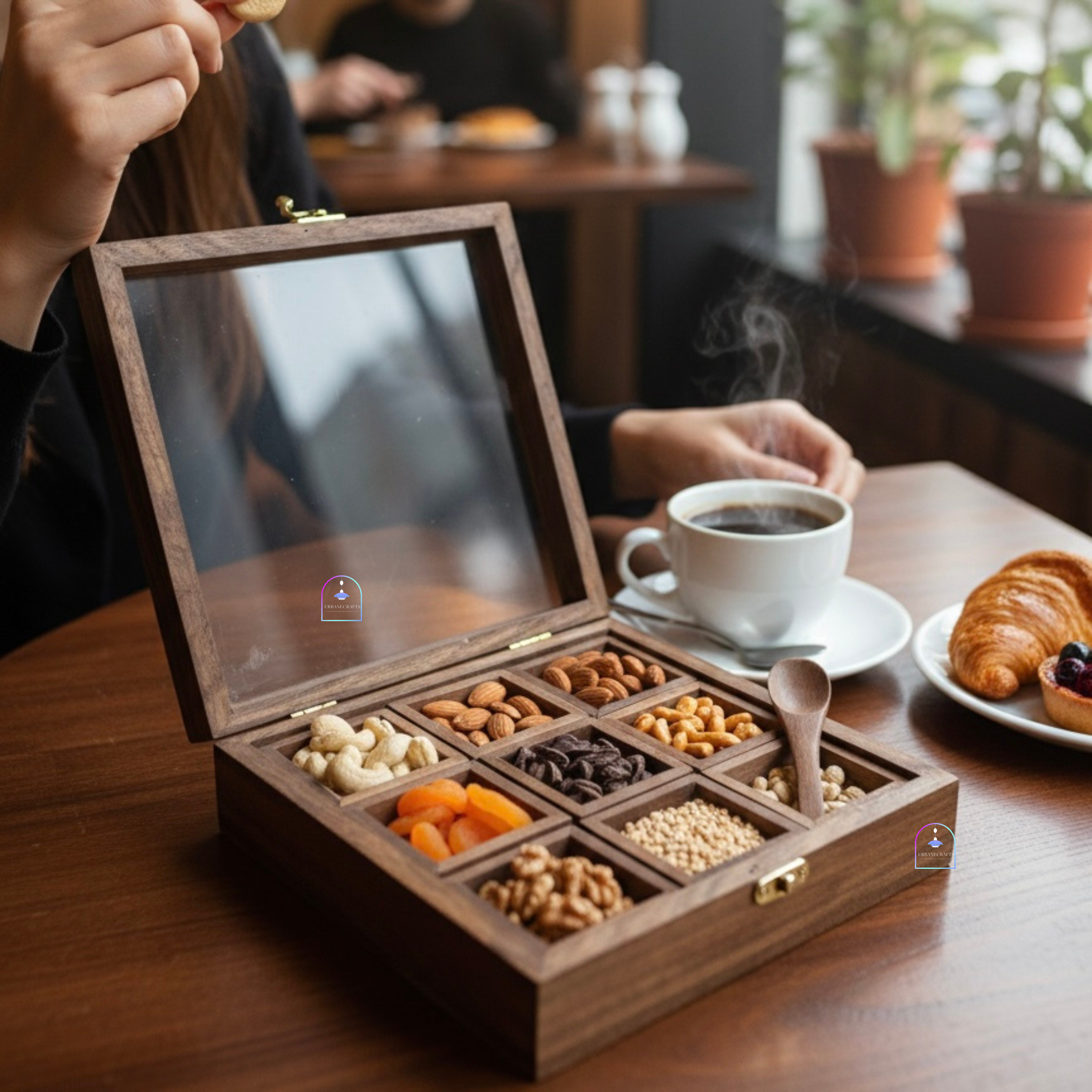 Handcrafted Rosewood Square Spice Box with Glass Lid & Wooden Spoon | 8x8 Inch Indian Masala Dabba with 9 Removable Compartments | Multi-Purpose Dry Fruit & Kitchen Storage Container