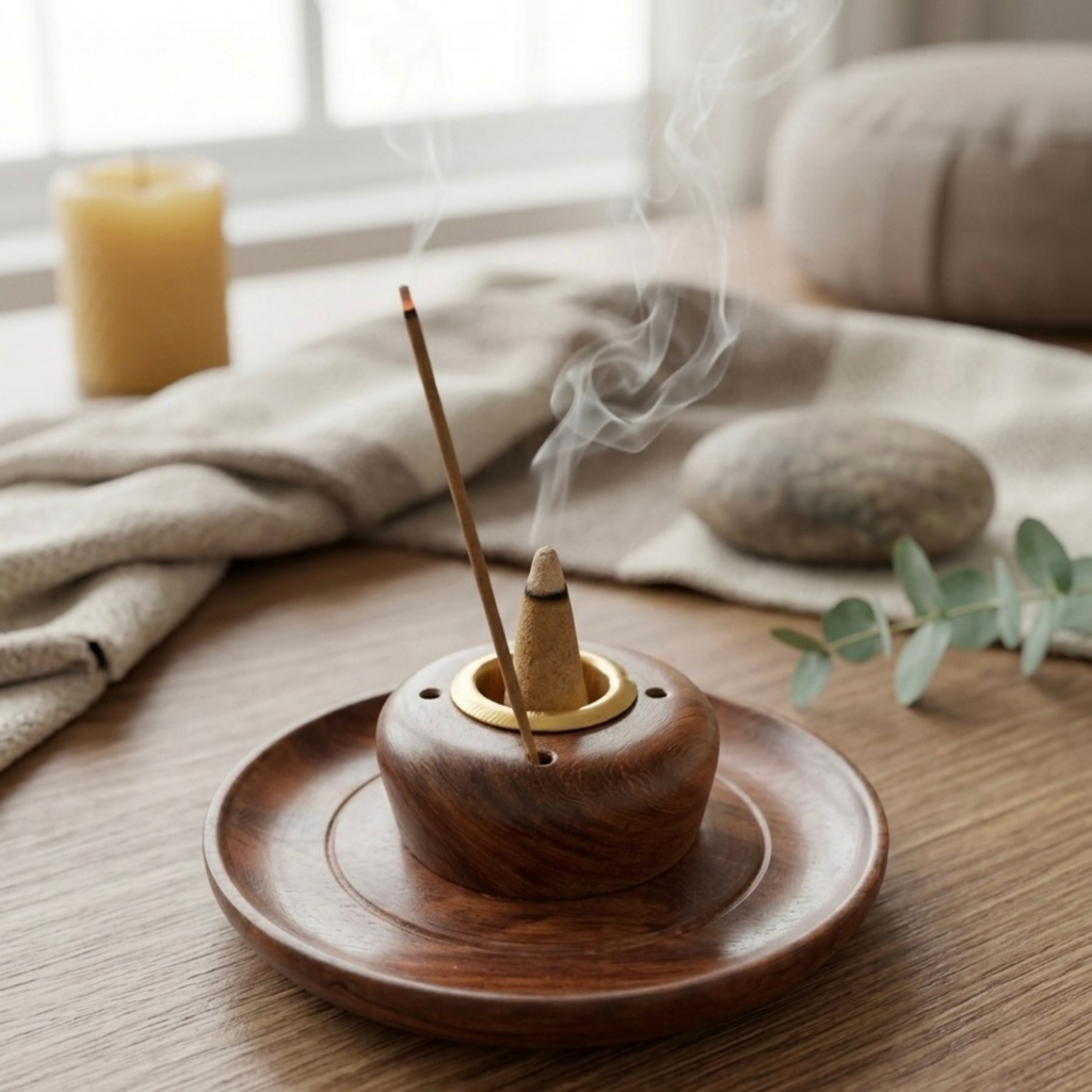 Handcrafted Sheesham Wood Round Incense Plate Holder & Dhoop Cone Stand | Dual Agarbatti Stick & Dhoop Burner with Brass Cup Insert