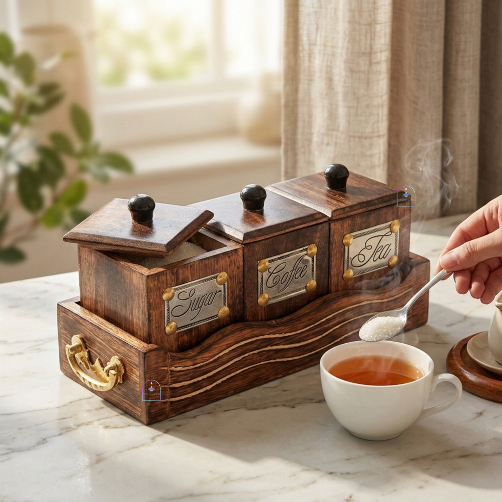 Handcrafted Rosewood Tea Coffee Sugar Container Set with Serving Tray | Rustic 3-Piece Wooden Kitchen Canister Set with Lids & Brass Labels | Vintage Coffee Bar & Kitchen Storage Organizer